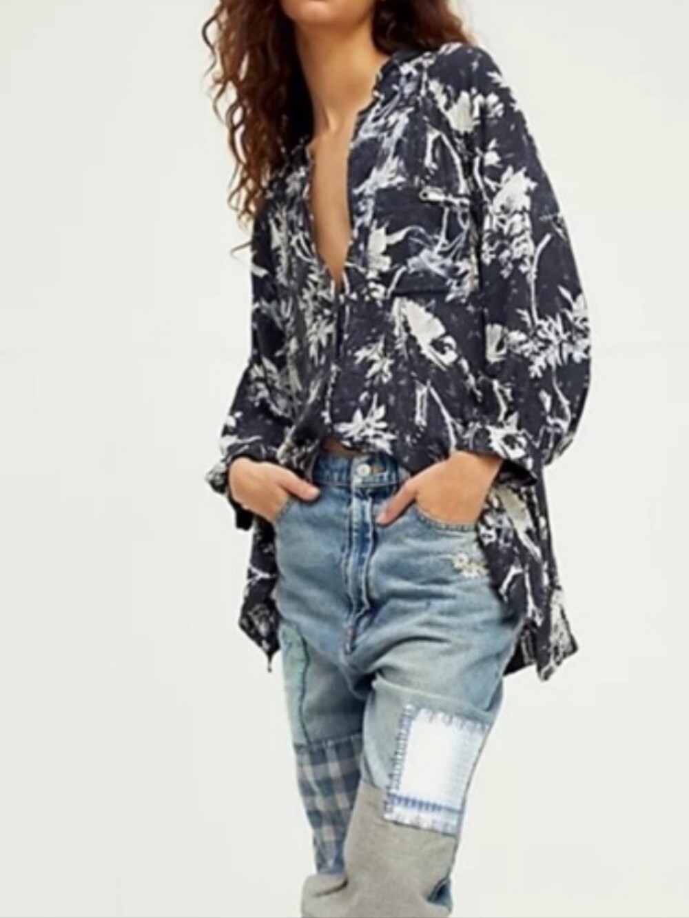 Free People It's A Vibe Navy White Floral Button-Down Shirt Boho Laid Back Top